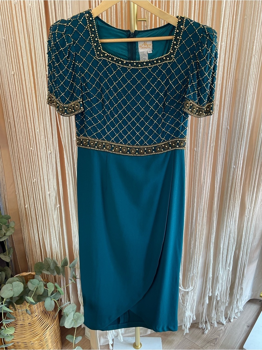 90s Vintage Teal beaded Cocktail Dress Tulip Midi Gown Alyce Designs size 12